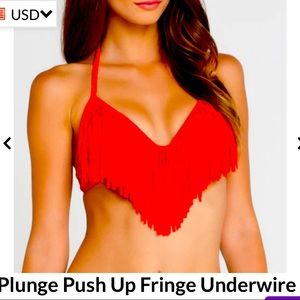LULI FAMA COSQUILLITAS PLUNGE PUSH-UP UNDERWIRE FRINGE TOP size M SCARLET